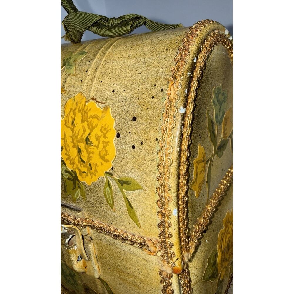 Vintage Metal Work Lunchbox Purse Dome Top Decoupage Painted Roses Yellow 10x8” - Picture 2 of 10